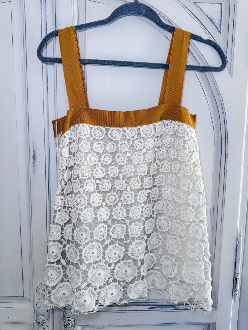 Malandrino Ivory Crochet Lace & Cognac Ribbon Tank Top Size 40